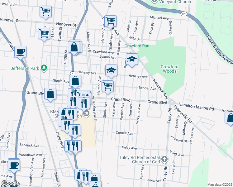 map of restaurants, bars, coffee shops, grocery stores, and more near 1348 Kahn Avenue in Hamilton