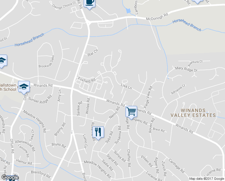 map of restaurants, bars, coffee shops, grocery stores, and more near 8510 Side Saddle Court in Randallstown