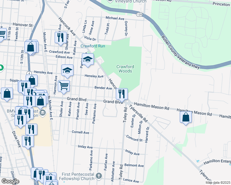 map of restaurants, bars, coffee shops, grocery stores, and more near 1304 Allstatter Avenue in Hamilton