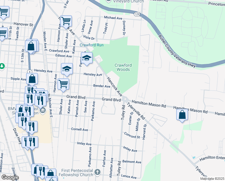 map of restaurants, bars, coffee shops, grocery stores, and more near 1316 Allstatter Avenue in Hamilton