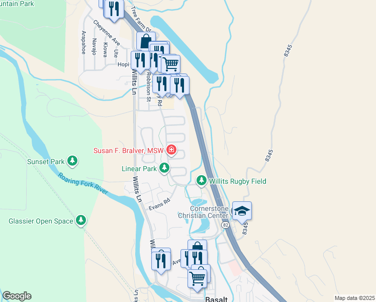 map of restaurants, bars, coffee shops, grocery stores, and more near 421 Meadow Court in Basalt