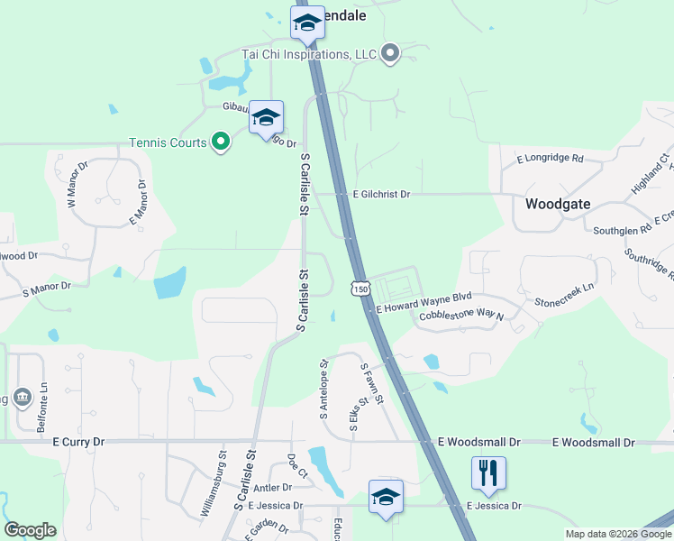 map of restaurants, bars, coffee shops, grocery stores, and more near 33 South Crescent Street in Terre Haute