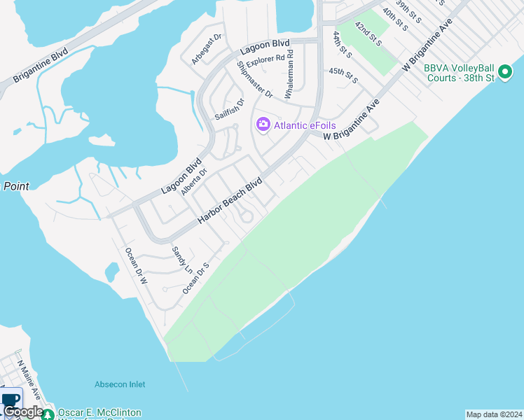 map of restaurants, bars, coffee shops, grocery stores, and more near 38 Surfside Road in Brigantine