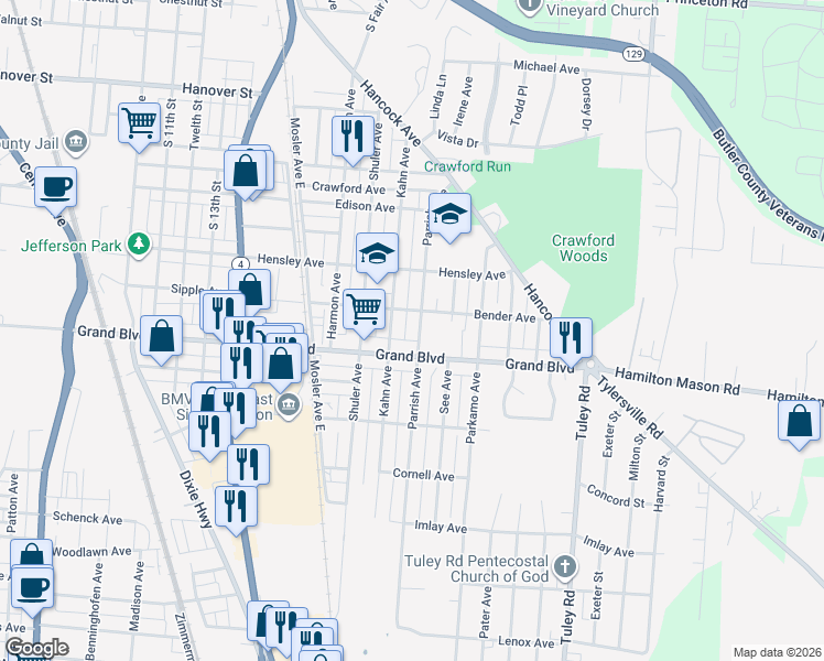 map of restaurants, bars, coffee shops, grocery stores, and more near 1351 Parrish Avenue in Hamilton