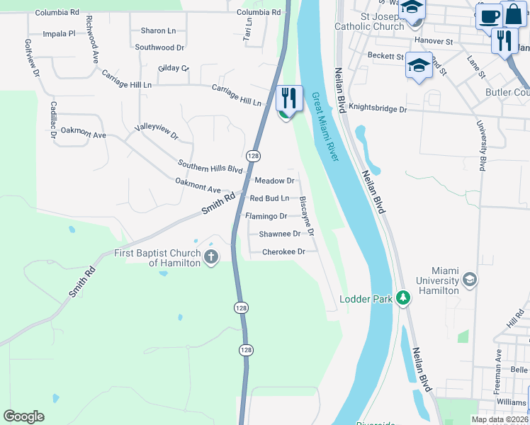 map of restaurants, bars, coffee shops, grocery stores, and more near 64 Flamingo Drive in Hamilton