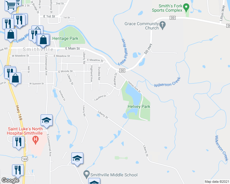 map of restaurants, bars, coffee shops, grocery stores, and more near 203 Lakeland Drive in Smithville