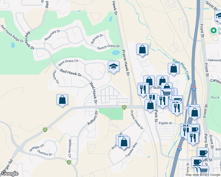map of restaurants, bars, coffee shops, grocery stores, and more near 1498 Red Cliff Way in Castle Rock