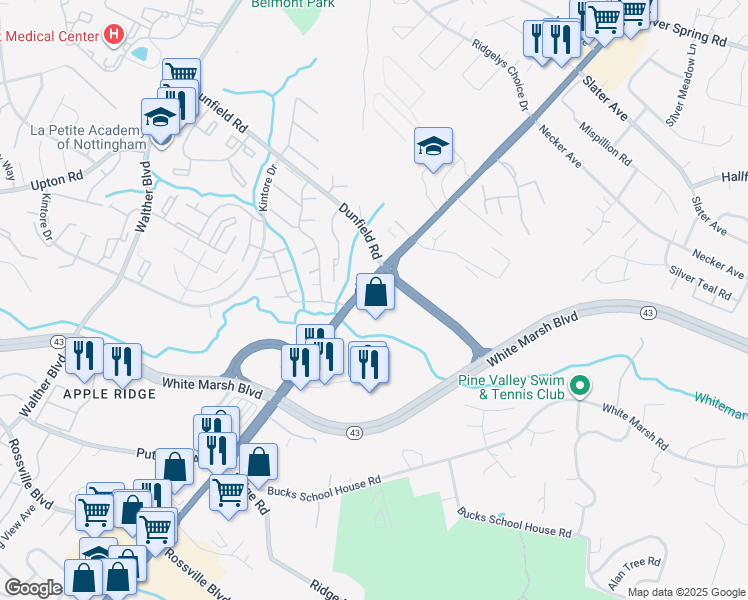 map of restaurants, bars, coffee shops, grocery stores, and more near 8321 Belair Road in Nottingham
