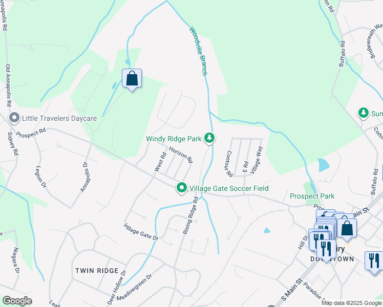 map of restaurants, bars, coffee shops, grocery stores, and more near 1005 Horizon Road in Mount Airy