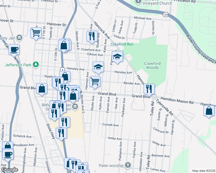 map of restaurants, bars, coffee shops, grocery stores, and more near 1330 Kahn Avenue in Hamilton