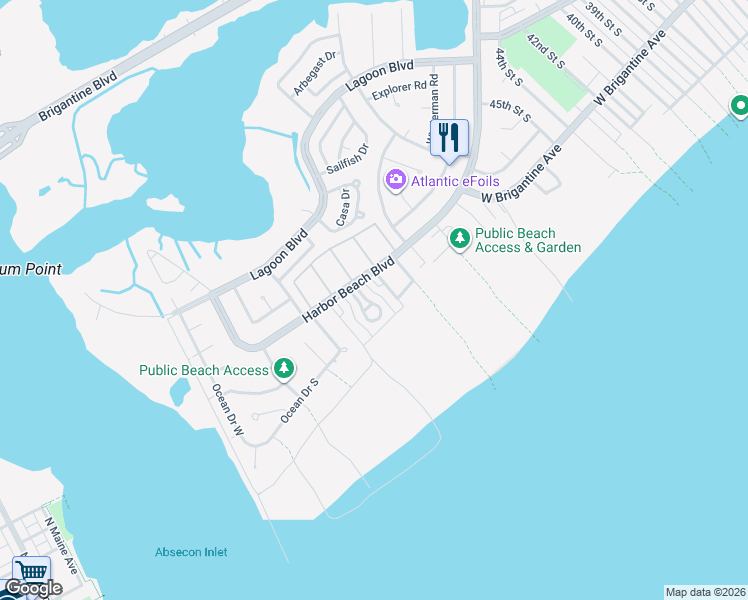 map of restaurants, bars, coffee shops, grocery stores, and more near 27 Coquille Beach Drive in Brigantine