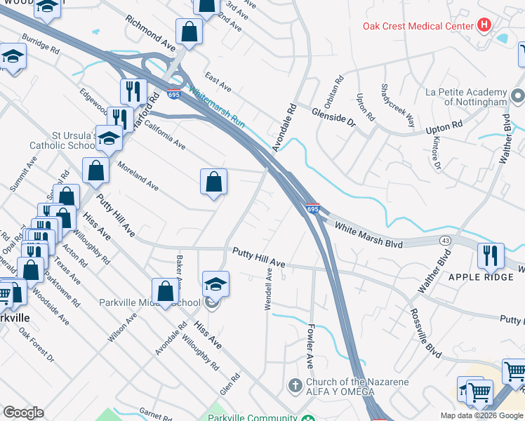 map of restaurants, bars, coffee shops, grocery stores, and more near 8829 Avondale Road in Parkville