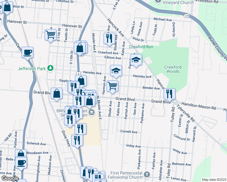 map of restaurants, bars, coffee shops, grocery stores, and more near 1354 Shuler Avenue in Hamilton