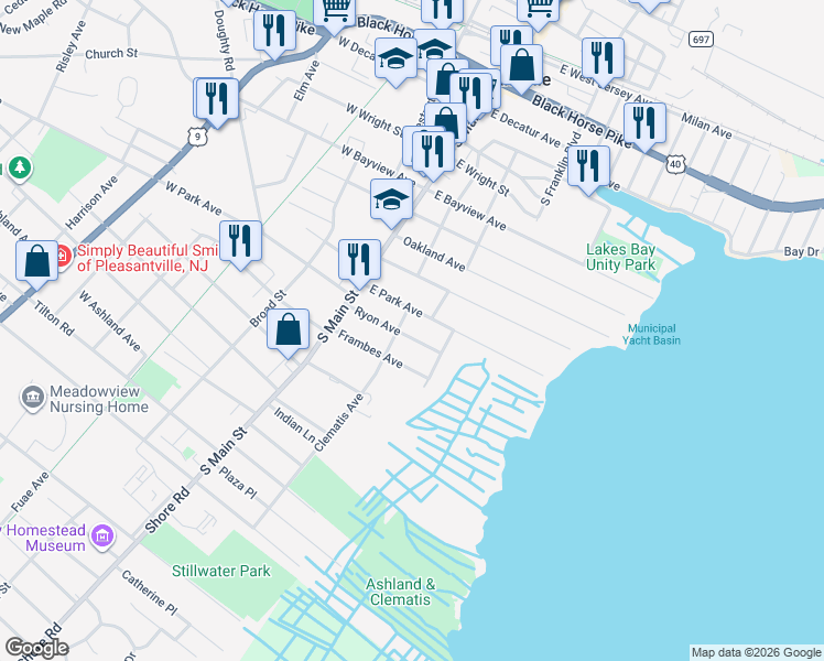 map of restaurants, bars, coffee shops, grocery stores, and more near 110 Ryon Avenue in Pleasantville