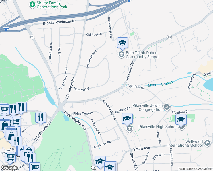 map of restaurants, bars, coffee shops, grocery stores, and more near 3403 Terrapin Road in Pikesville