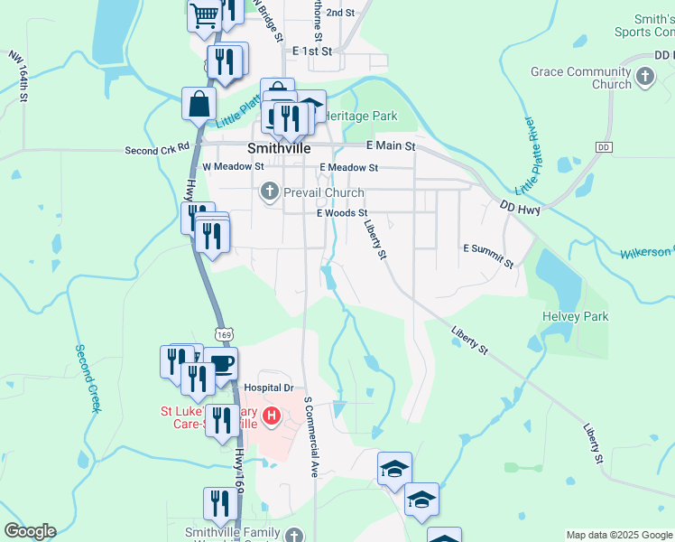 map of restaurants, bars, coffee shops, grocery stores, and more near 504 Kindred Drive in Smithville