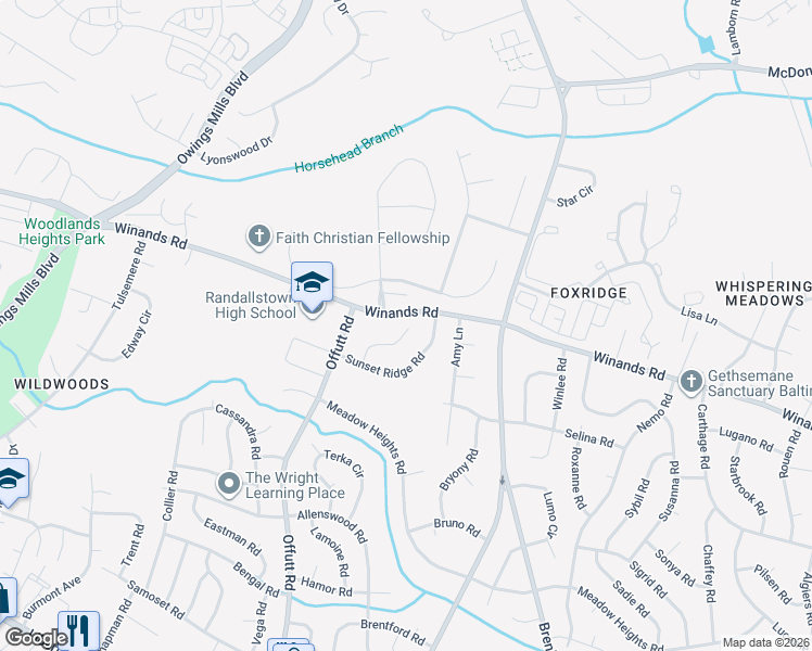 map of restaurants, bars, coffee shops, grocery stores, and more near 28 Sunrise Court in Randallstown