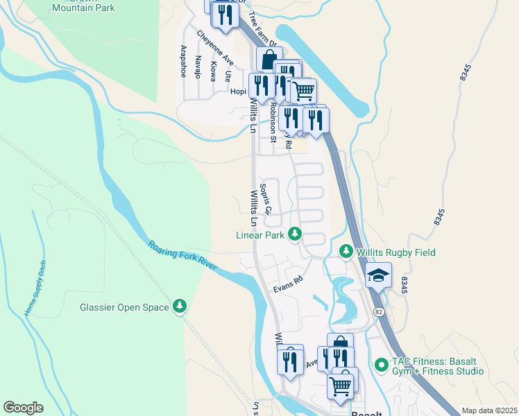 map of restaurants, bars, coffee shops, grocery stores, and more near 323 Meadow Dr in Basalt