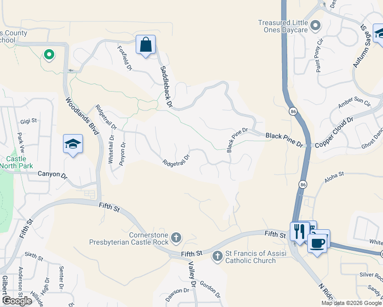 map of restaurants, bars, coffee shops, grocery stores, and more near 2330 Ridgetrail Drive in Castle Rock