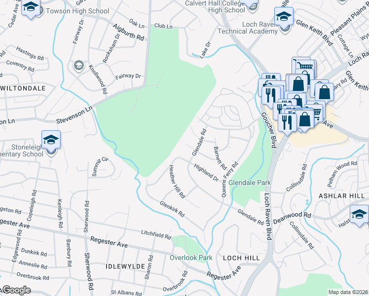 map of restaurants, bars, coffee shops, grocery stores, and more near 1207 Brixton Road in Baltimore