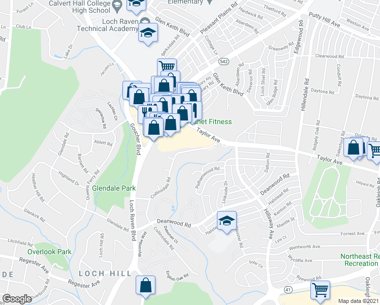 map of restaurants, bars, coffee shops, grocery stores, and more near 6811 Collinsdale Road in Parkville