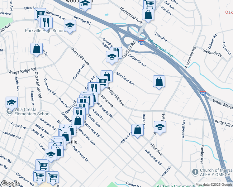 map of restaurants, bars, coffee shops, grocery stores, and more near 3016 Putty Hill Avenue in Parkville