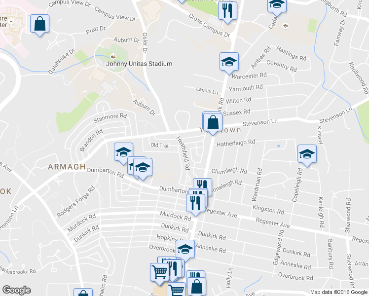 map of restaurants, bars, coffee shops, grocery stores, and more near 7131 Heathfield Rd in Baltimore