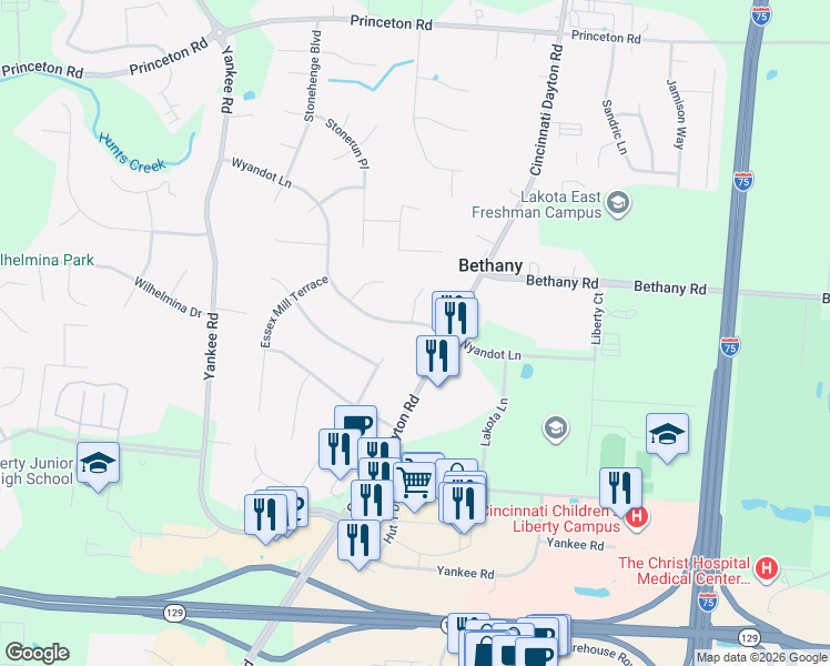 map of restaurants, bars, coffee shops, grocery stores, and more near 7431 Wyandot Lane in Butler County
