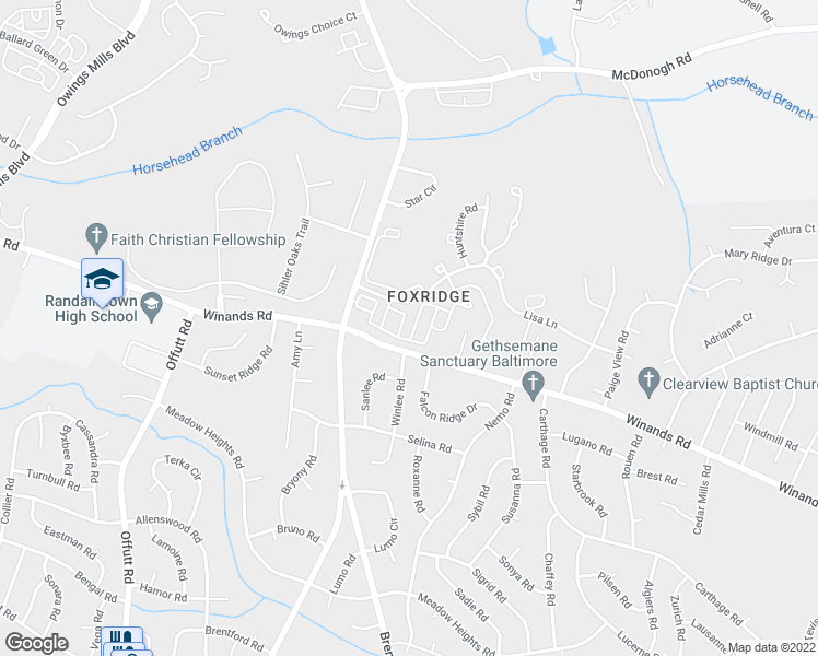 map of restaurants, bars, coffee shops, grocery stores, and more near 4106 Hunters Hill Cir in Randallstown