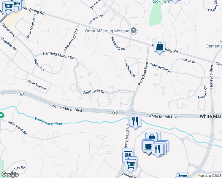 map of restaurants, bars, coffee shops, grocery stores, and more near 14 Margery Court in Perry Hall