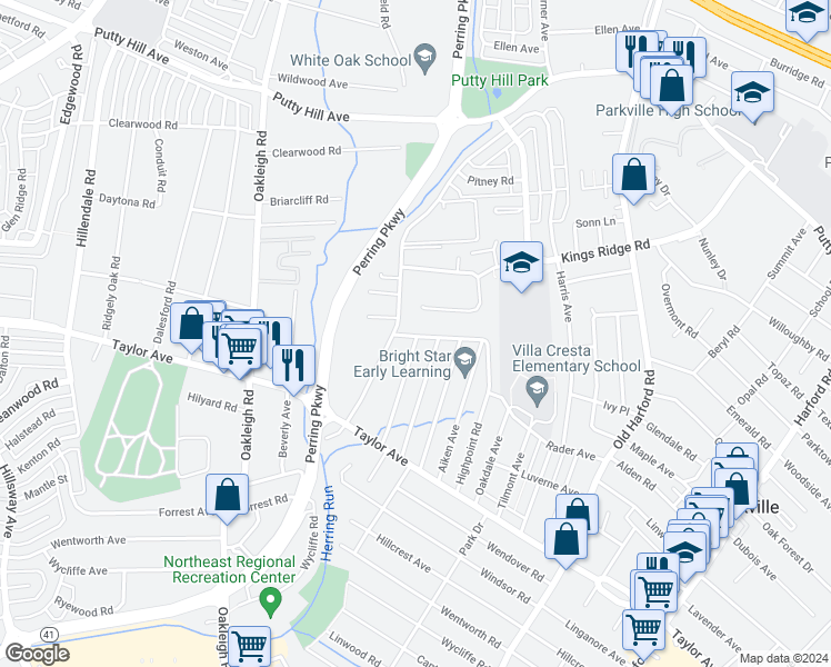 map of restaurants, bars, coffee shops, grocery stores, and more near 8037 Highpoint Road in Parkville