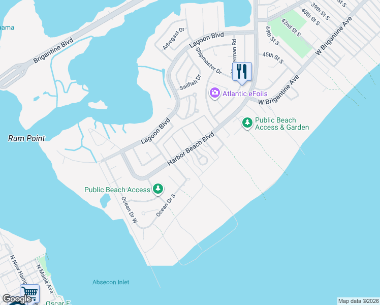 map of restaurants, bars, coffee shops, grocery stores, and more near 2 Coquille Beach Drive in Brigantine