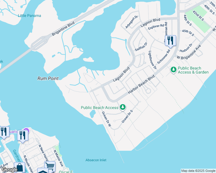 map of restaurants, bars, coffee shops, grocery stores, and more near 5a Ontario Drive in Brigantine