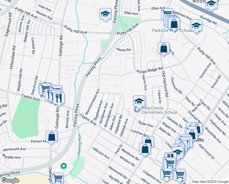 map of restaurants, bars, coffee shops, grocery stores, and more near 8013 Highpoint Road in Parkville