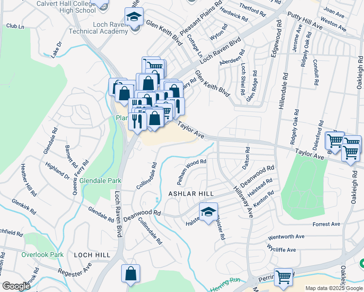 map of restaurants, bars, coffee shops, grocery stores, and more near 6815 Collinsdale Road in Parkville