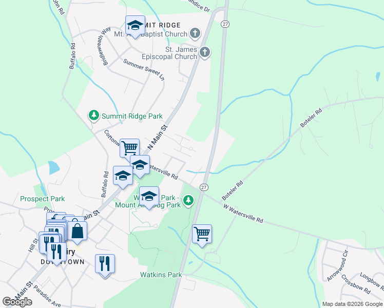 map of restaurants, bars, coffee shops, grocery stores, and more near 208 North Towne Court in Mount Airy