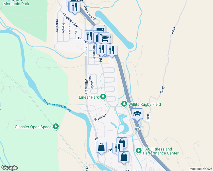 map of restaurants, bars, coffee shops, grocery stores, and more near 407 Meadow Court in Basalt