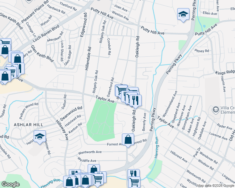 map of restaurants, bars, coffee shops, grocery stores, and more near 7906 Bon Air Road in Parkville