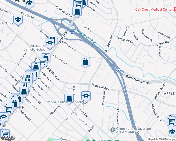 map of restaurants, bars, coffee shops, grocery stores, and more near 8827 Baker Avenue in Parkville