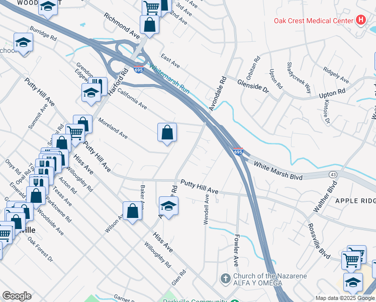 map of restaurants, bars, coffee shops, grocery stores, and more near 8826 Avondale Road in Parkville