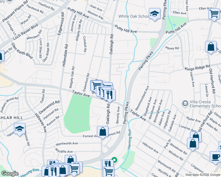 map of restaurants, bars, coffee shops, grocery stores, and more near 8003 Oakleigh Road in Parkville