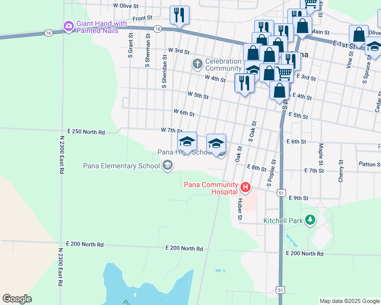 map of restaurants, bars, coffee shops, grocery stores, and more near 203 West 8th Street in Pana
