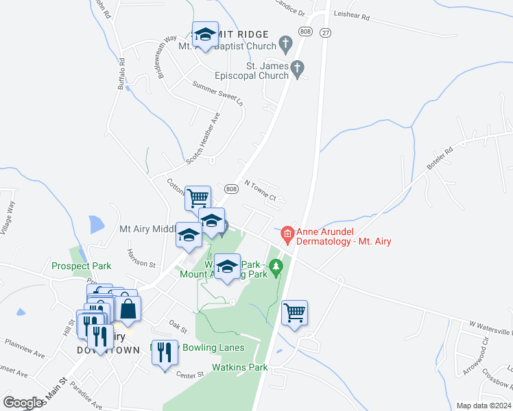 map of restaurants, bars, coffee shops, grocery stores, and more near 105 Meadowlark Avenue in Mount Airy