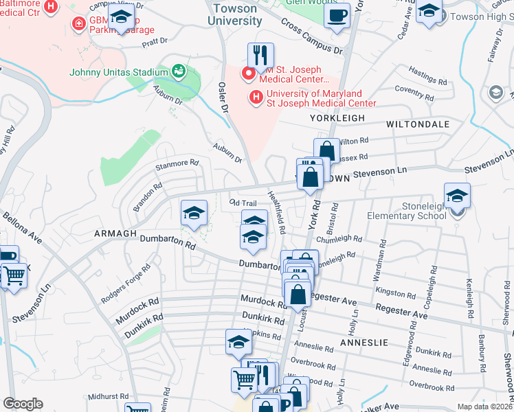 map of restaurants, bars, coffee shops, grocery stores, and more near 367 Old Trail in Baltimore