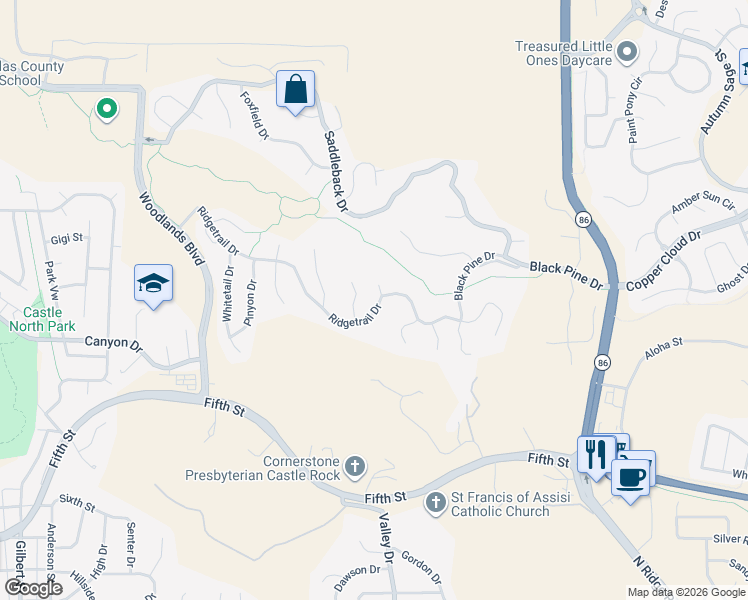 map of restaurants, bars, coffee shops, grocery stores, and more near 2330 Ridgetrail Drive in Castle Rock