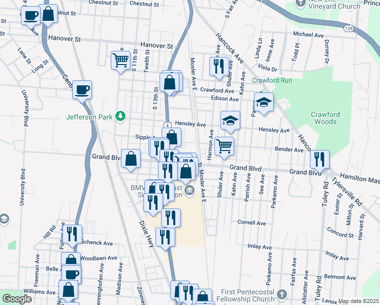 map of restaurants, bars, coffee shops, grocery stores, and more near 10 Bender Avenue in Hamilton