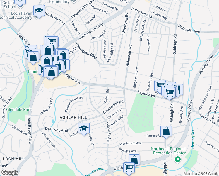 map of restaurants, bars, coffee shops, grocery stores, and more near 1403 Taylor Avenue in Parkville