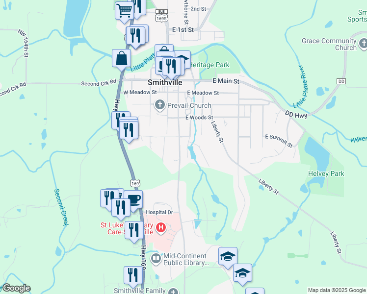 map of restaurants, bars, coffee shops, grocery stores, and more near 404 Woodland Avenue in Smithville