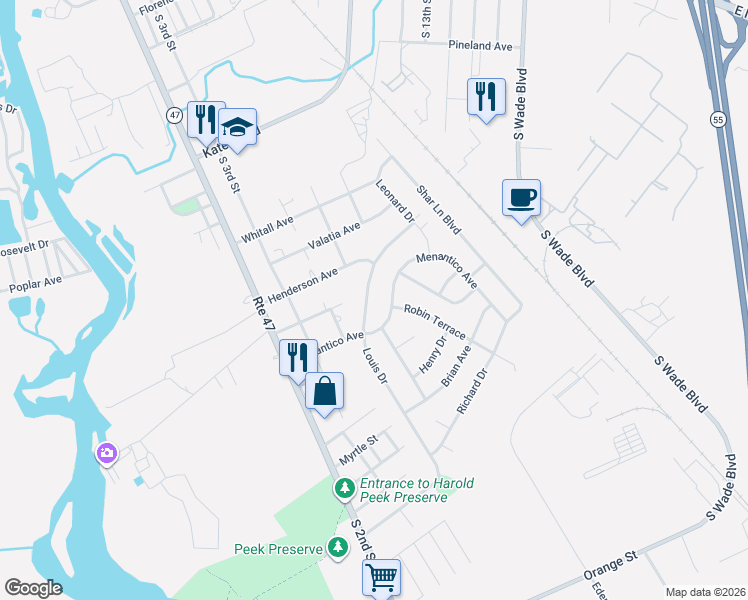 map of restaurants, bars, coffee shops, grocery stores, and more near 1010 Louis Drive in Millville