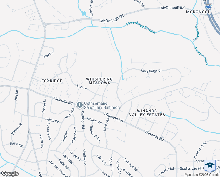 map of restaurants, bars, coffee shops, grocery stores, and more near 8603 Woodbrook Court in Randallstown